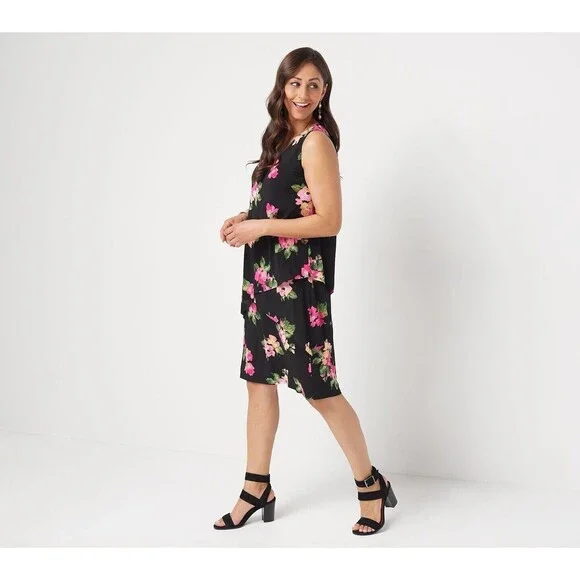 Susan Graver Liquid Knit Sleeveless Tiered Floral Dress 3X Black Pink Sheath Susan Graver Liquid Knit Sleeveless Tiered Floral Dress 3X Black Pink Sheath